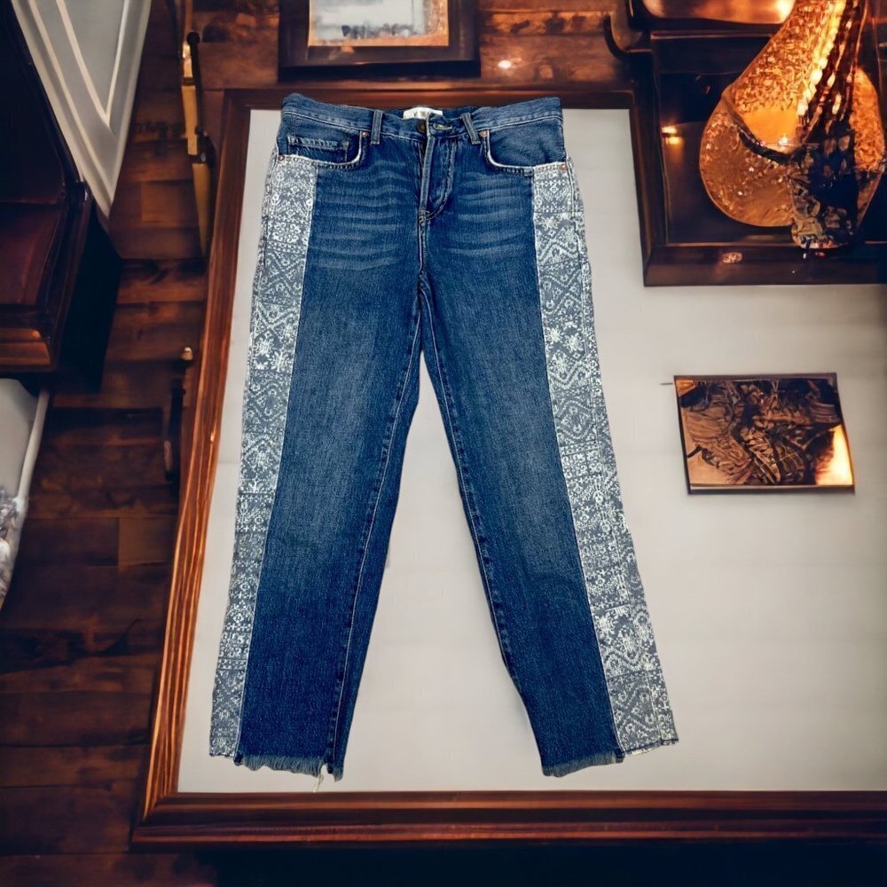 We the Free Aztec Side Panel Cropped Boyfriend Jeans Raw Hem  26 Waist  - N268 - Picture 8 of 8